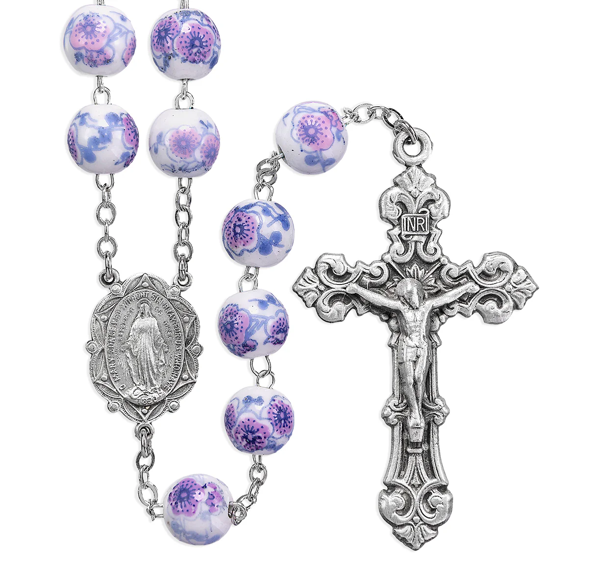 White & Violet Flower Bead New England Pewter Rosary - Image 3