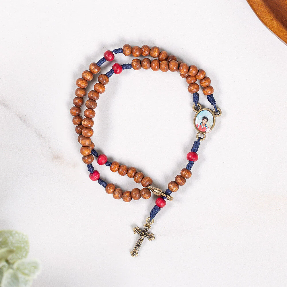 Wood & Blue Cord St. Carlo Acutis Five Decade Rosary Bracelet