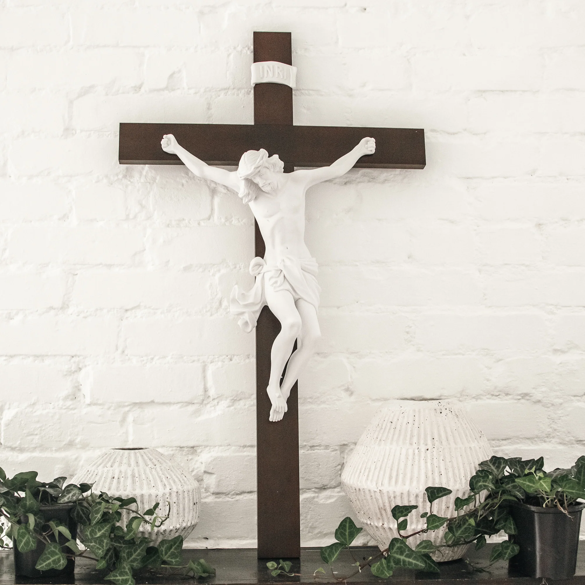Wood Crucifix with White Baroque Corpus
