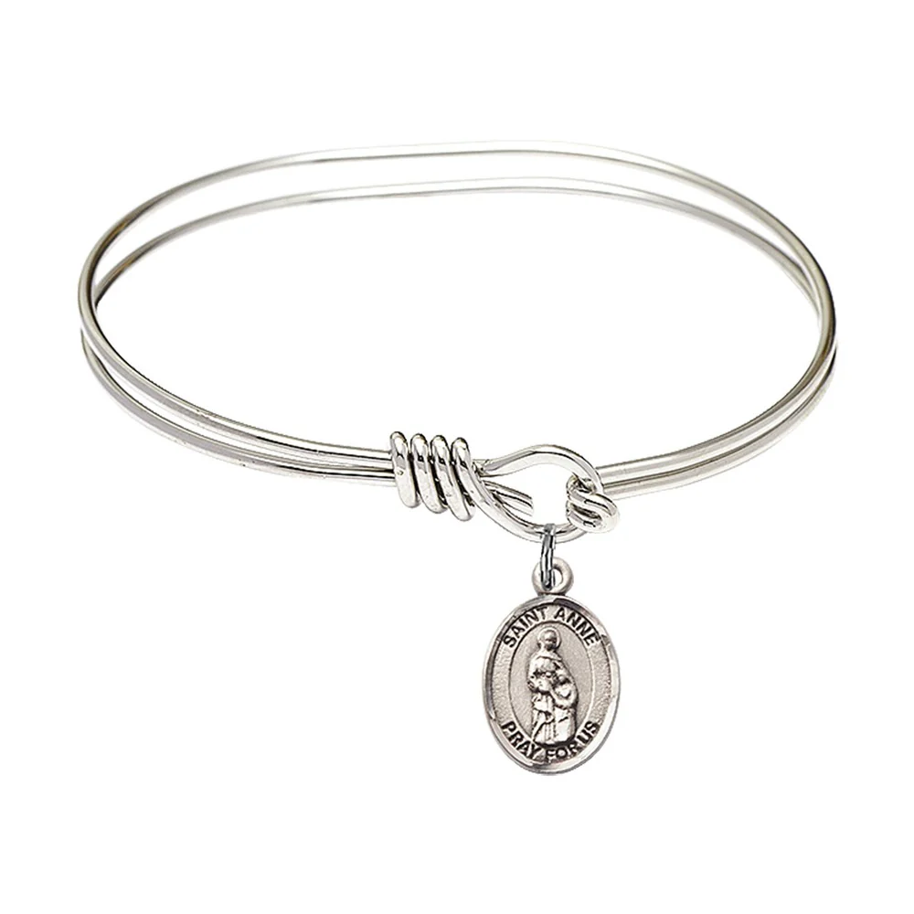 Youth 5 3/4" Rhodium Plated Bangle Bracelet with St. Anne Medal Charm
