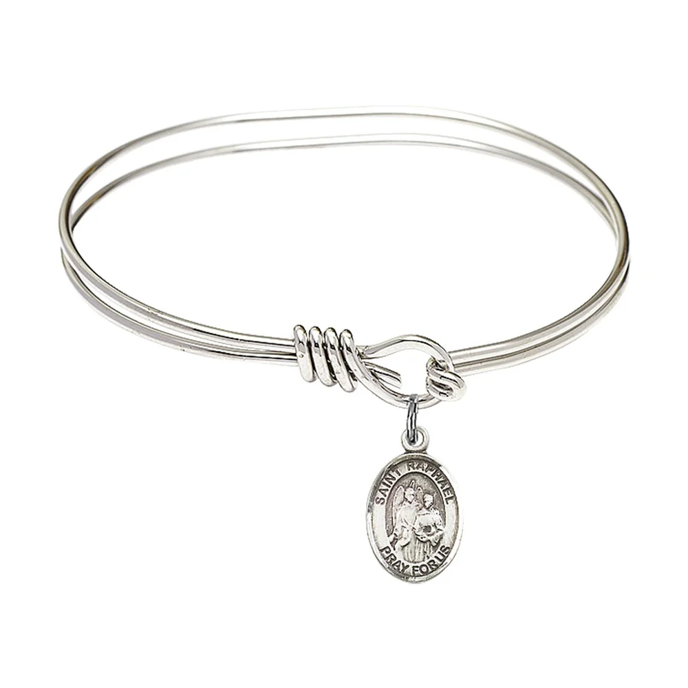 Youth 5 3/4" Rhodium Plated Bangle Bracelet with St. Raphael the Archangel Medal Charm - Image 2