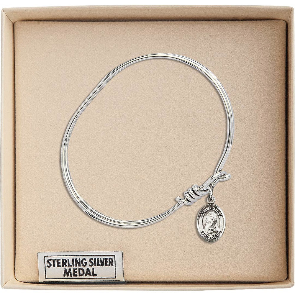 Youth 5 3/4" Rhodium Plated Bangle Bracelet with St. Victoria Medal Charm - Image 3