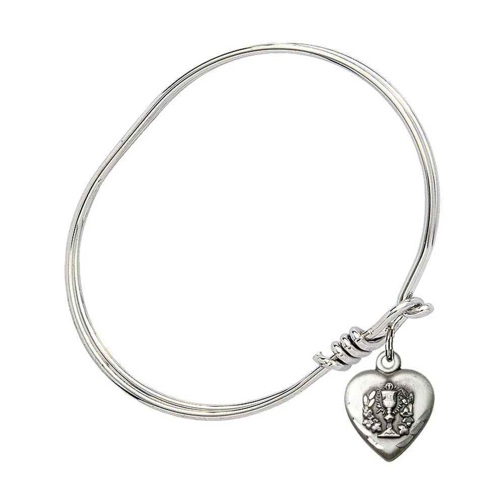 Youth Girl 5 3/4" Rhodium Plated Bangle Bracelet with Heart / First Communion Charm - Image 2